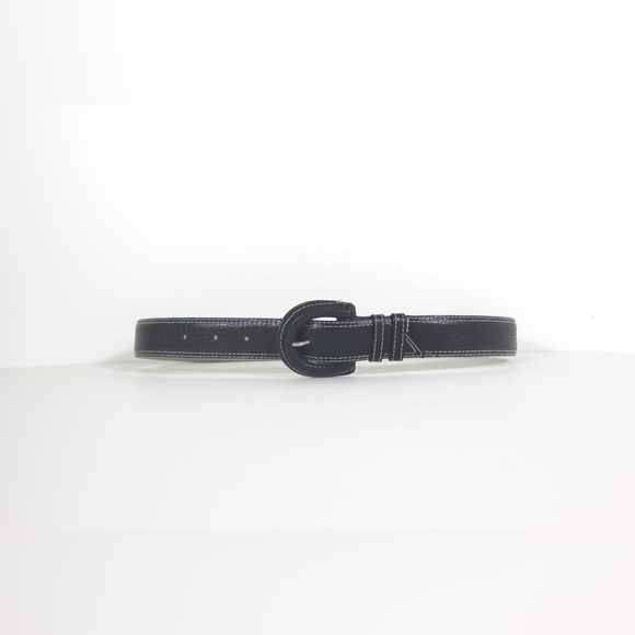 Vintage Textured Blue/Black Leather Belt with White Topstitching Self Covered - Picture 2 of 8